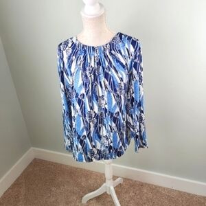 Nikki Blue Floral Long Sleeve Crewneck Blouse Top Shirt Stretch Size Large